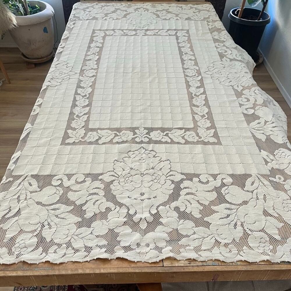 Vintage Floral Cutwork Tablecloth 59 x 80 in Open Mesh Background Cream